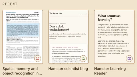 The Recent shelf of Gus's vault: the research paper “Spatial memory and object recognition in Siberian hamsters” (PDF), the Hamster scientist blog (HTML) and the Hamster Learning Reader (EPUB), each shown by its cover.
