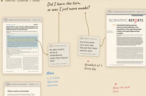 The whole board: both papers, their two note cards, the handwritten question above them, and Gus's handwriting around it: “Maze: 4, 3, 2 tries. Same hour tomorrow.”, “Breakfast at 7. Every day.” and “Name the task first.”